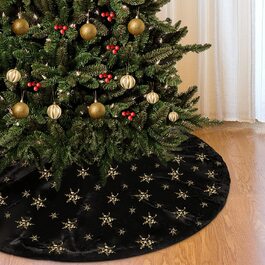 Спідниця-ялинка DECROXMA, 122 см, чорний штучне хутро з золотим блиском, сніжинка, матова основа для новорічної ялинки