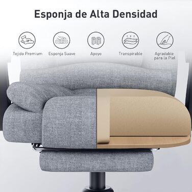 Офісний крісло Rattantree з підніжкою, ергономічний, для комп'ютера, з підлокітниками, регульований, для керівника, сірий, тканина