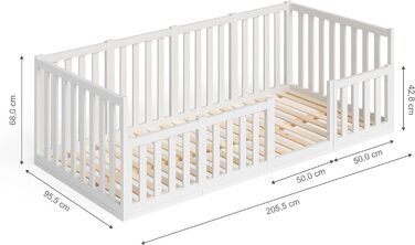 Дитяче ліжко Bellabino Cuvo із захистом від падіння, ліжко підлогове 90х200 в т.ч. рейковий каркас, ліжко Монтессорі масив сосни, лаковане (біле)
