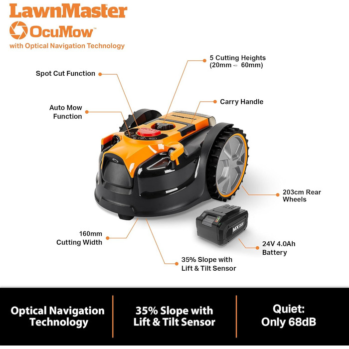 Робот-газонокосарка LawnMaster OcuMow 24V MAX з оптичною навігацією, автоматичним обходом перешкод і точним підрізанням, комплект з 10-дюймовим тримером для трави