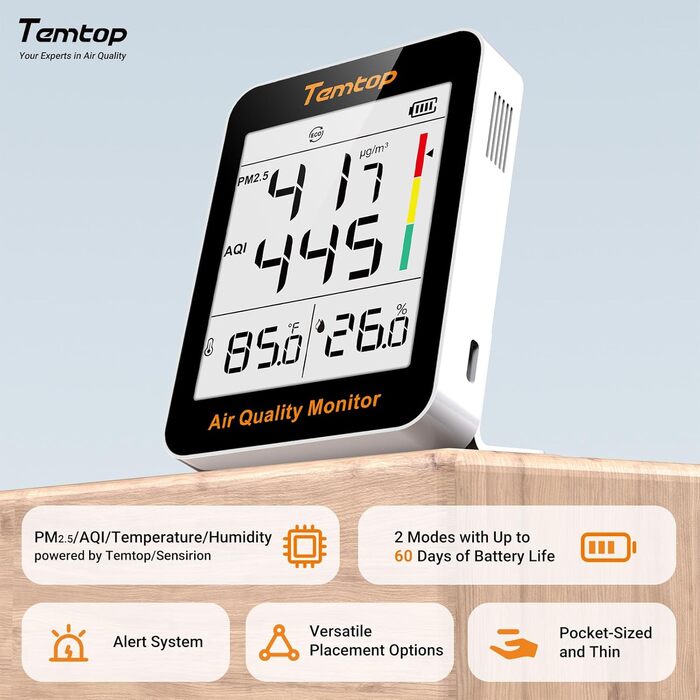 Вимірювач якості повітря Temtop S1+: PM2.5, AQI, температура та вологість. До 100 днів роботи, підключення до APP, для дому та офісу