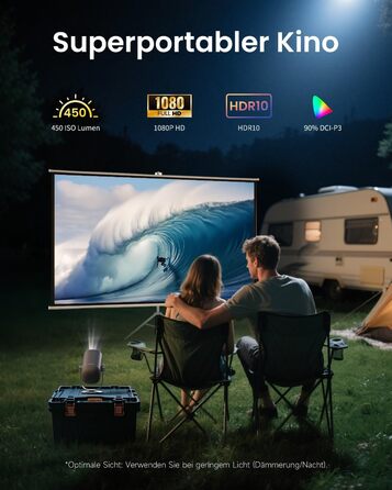 Портативний проєктор Dangbei Freedo з акумулятором, 450 ISO люмен, Google TV & Netflix, Dolby Audio, 1080P, HDR10, 165° нахил, Smart проєктор з WiFi & Bluetooth для дому та відпочинку на природі, 2,5 години роботи, з чохлом