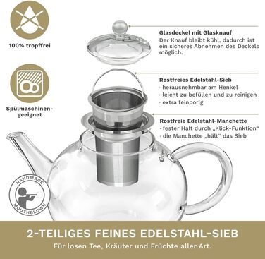 Скляний чайник Creano Glass Teapot 3 частини з вбудованим ситечком з нержавіючої сталі та скляною кришкою, ідеально підходить для приготування чаю оптом, без крапель, все в одному (1.2 л)