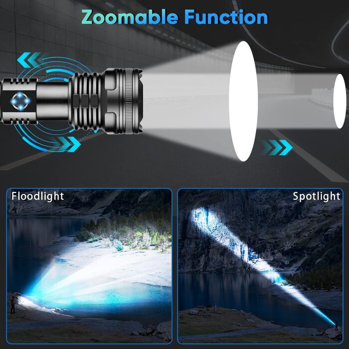 Світлодіодний ліхтарик з USB-зарядкою, надзвичайно яскравий тактичний ліхтарик XHP90 на 90000 люмен, водонепроникний ліхтарик з 5 режимами роботи від акумулятора і ємністю 4800 маг для кемпінгу в приміщенні і на відкритому повітрі