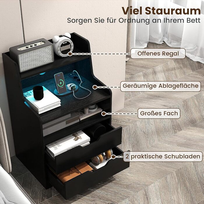 Нічний столик COSTWAY з LED-підсвіткою та зарядкою, 2 шухляди, відкриті полиці, пульт дистанційного керування, 45 x 35 x 72,5 см (Чорний)