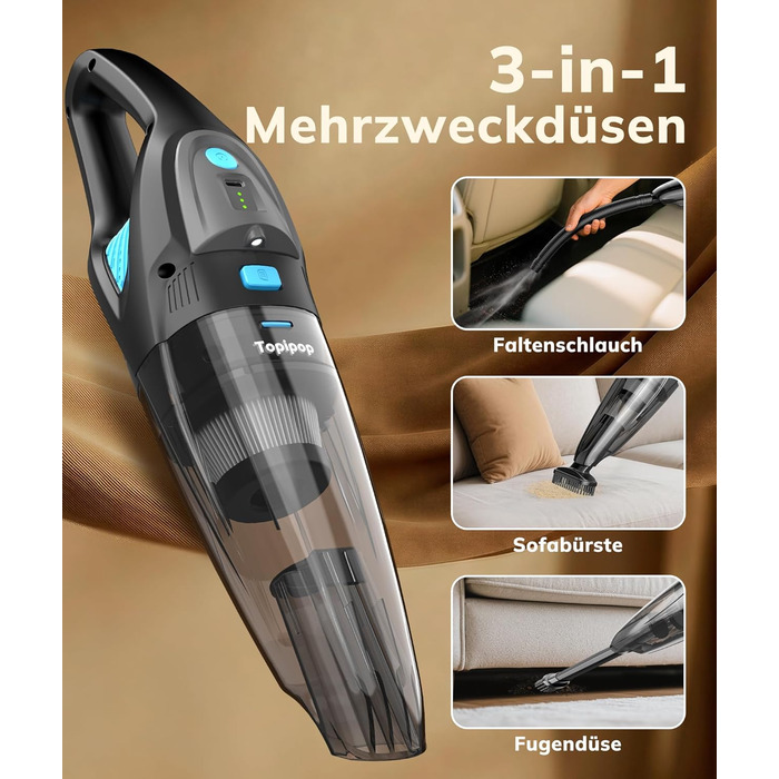 Акумуляторний ручний пилосос для авто та дому, потужність 25000Па, бездротовий з HEPA-фільтром та набором насадок, для шерсті тварин та килимів (Чорний)