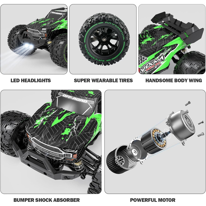 Радіокерований позашляховик RC Monstertruck 2.4GHz, 25 км/год, великий розмір, знімний, для дорослих та дітей (зелений)