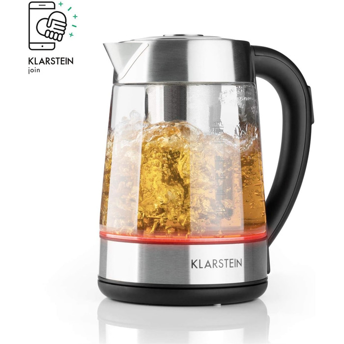 Електричний чайник Klarstein Ostfriese з частуванням, 1.7 л, 2200 Вт, 4 температурні режими, Cool-Touch, нержавіюча сталь & скло