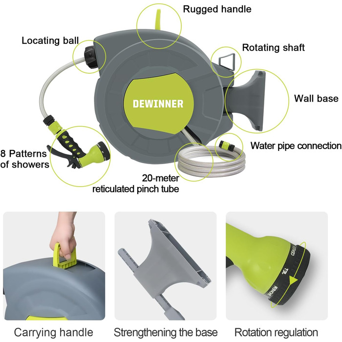 DEWINNER: барабан для садового шлангу 20 + 2 м, автоматичний, з ручною лійкою, поворотний 180°, 7 функцій, для великих садів