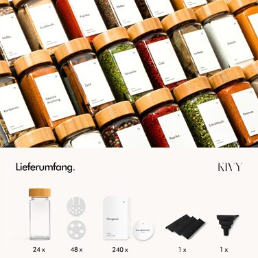 Організатор для спецій KIVY з полицями та скляними баночками | 24 баночки з етикетками, регульований, підходить для всіх ящиків | Організатор спецій для ящика з баночками | Чорний ковпачок (баночки + полиця) (бамбуковий ковпачок (баночки + полиця))