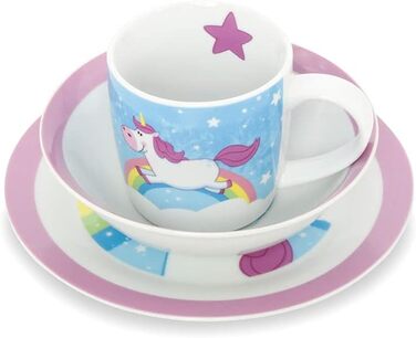 Набір дитячого посуду BIOZOYG з порцеляни (3 шт.): тарілка, чашка, миска з єдинорогом. Безпечний для миття в посудомийній машині. Ідеальний подарунок для дітей!