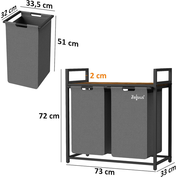 Кошик для білизни Zelsius 2 відділення 73x33x72 см Кошик для білизни з полицею та мішком для білизни Сортувальник білизни