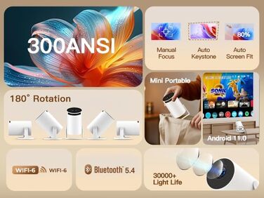 Портативний проєктор LYNCAST HY300 Pro з Wi-Fi, Bluetooth та Android 11. Підтримка 1080P/4K, поворотний на 180°, для домашнього кінотеатру та використання на відкритому повітрі
