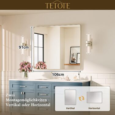 Дзеркало для ванної кімнати TETOTE 40x50 см, прямокутне, з металевим каркасом, з закругленими кутами, скло загартоване