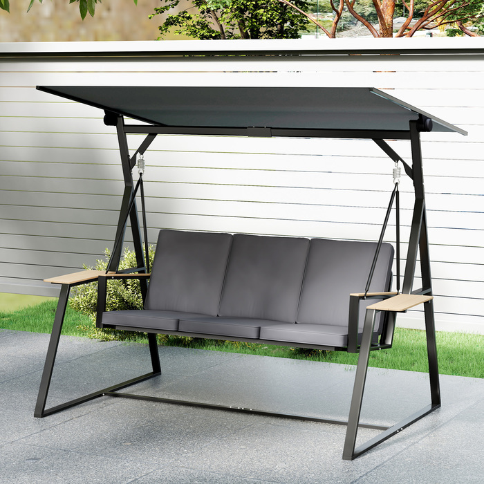 Гойдалка садова для трьох осіб з регульованим дахом, подушками та підставками для напоїв, вантажопідйомність 360 кг, сіра