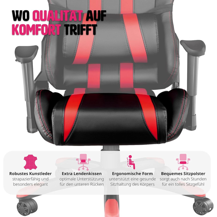 Офісне крісло Tectake, ігрове крісло з регульованими спинками та підлокітниками, крісло з подушкою для шиї та поперековою підтримкою, офісне крісло з регулюванням висоти ергономічне, ігрове крісло з можливістю обертання на 360 - чорний/червоний Чорний Чер
