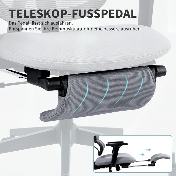 Ергономічне крісло для офісу з підніжкою, висока спинка, 2D-підголівник, відкидні підлокітники, сидіння з губки, сітчастий офісний крісло, крісло для керівника, комп'ютерне крісло для дорослих (сірий)