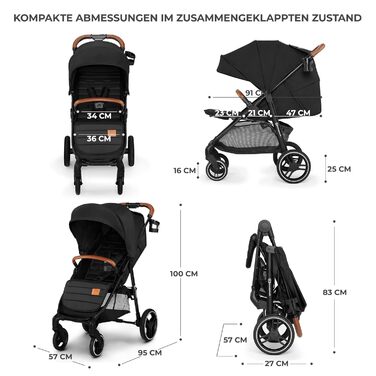 Дитяча коляска Kinderkraft Grande Plus, сіра, від народження до 22 кг, складається однією рукою, регульована спинка, великий капюшон з віконцем, амортизація всіх коліс
