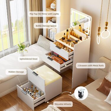 Трюмо Lvifur з LED-дзеркалом та 3 висувними ящиками, кутовий, для спальні, квартири, гуртожитку, білий