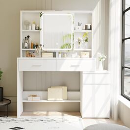 Дзеркало для макіяжу JUMMICO з LED-підсвічуванням, регульована яскравість та колірна температура, органайзер, туалетний столик з ящиками та регульованими полицями, 110x40x140 см