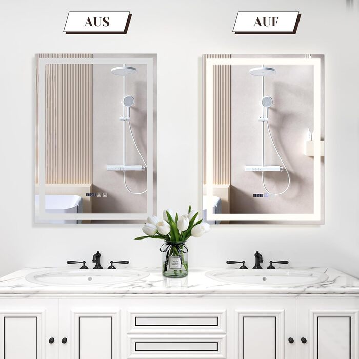 Дзеркало для ванної кімнати Mursche з підсвічуванням LED, 50x70 см, IP44, сенсорний вимикач, годинник, протитуманна функція, регулювання яскравості, 3000K-6500K, прямокутна форма