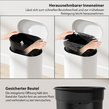 Відро для сміття 12 л з педаллю, внутрішнім відром, м'яким закриттям кришки, біле (30 x 25,5 x 37,5 см)