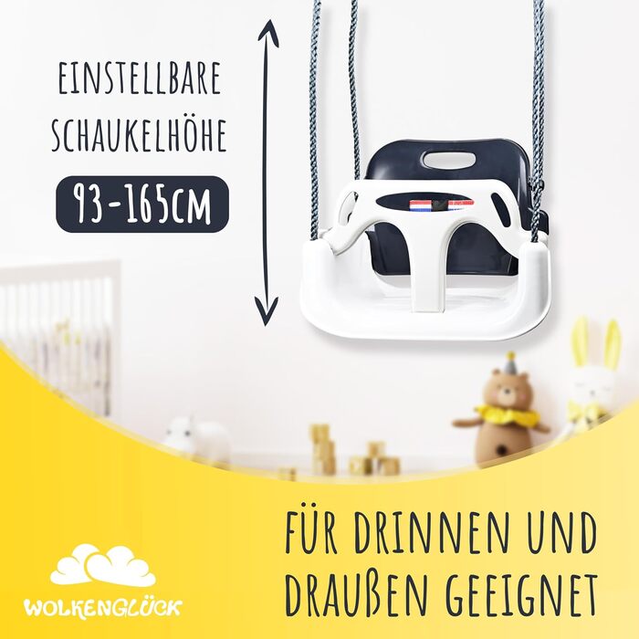 Дитяча гойдалка Wolken Glück® 3 в 1 для малюків (6 місяців - 6+ років) - Зростаюча гойдалка для дому та вулиці з підголівником та ременем безпеки (Сірий)