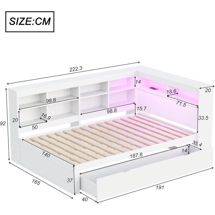 Диван-ліжко Kehun Doppelbet 140x200 см з LED та USB, ящик для зберігання та полиця, білий, без матраца