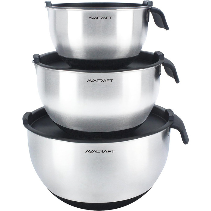 Набір місок для змішування AVACRAFT з нержавіючої сталі 18/10 з кришкою, силіконове дно, зручний виливання та мірні позначки, чорний колір