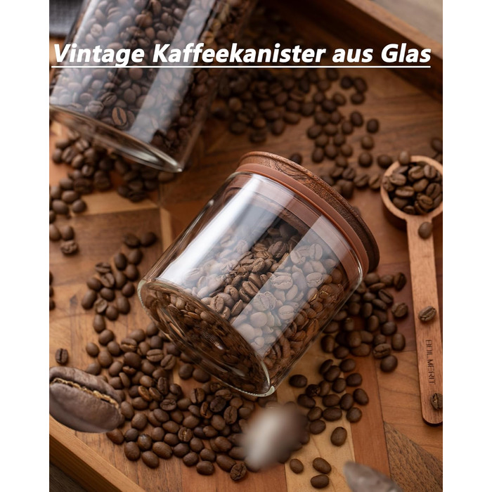 Банки для зберігання 500 мл з дерев'яними кришками Набір з 2 шт. , герметичні, з черпаком, для кавових зерен, кухня, 2 шт.