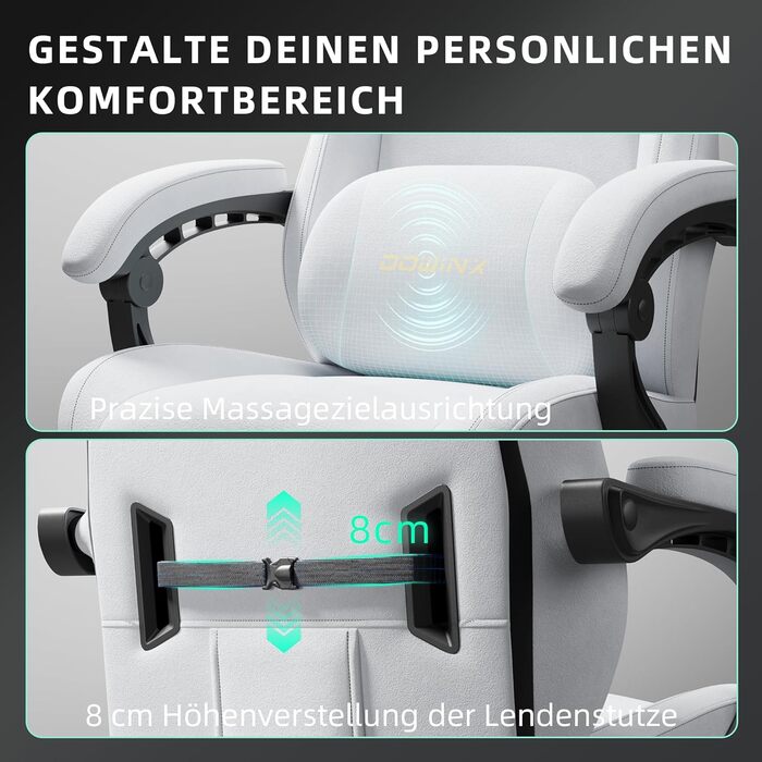 Ігровий крісло Dowinx з регульованою висотою масажного поперекового підтримувача, ергономічний дизайн, м'яка мікрофібра велюр, посилене сидіння, підголовник та підніжка в комплекті, регулювання на 155°, (Білий, Титан)