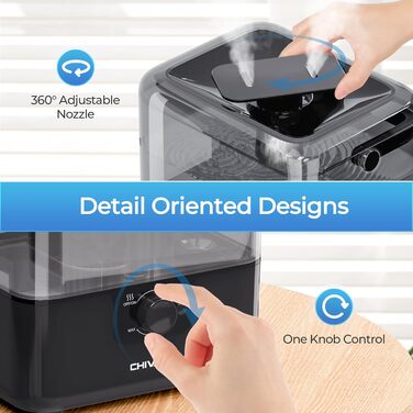 Зволожувач повітря Chivalz Top Fill для великих кімнат 6л з нічником, поворотна на 360° форсунка, аромадифузор, 50 годин, для спальні, дитячої, рослин, немовлят, чорний глянцевий + 2 виходи туману