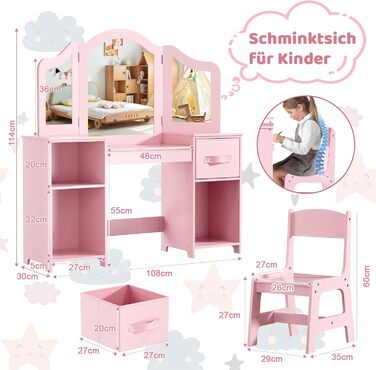 Дитячий туалетний столик MAMIZO 2 в 1 з дзеркалом та стільчиком, рожевий, з 2 висувними ящиками