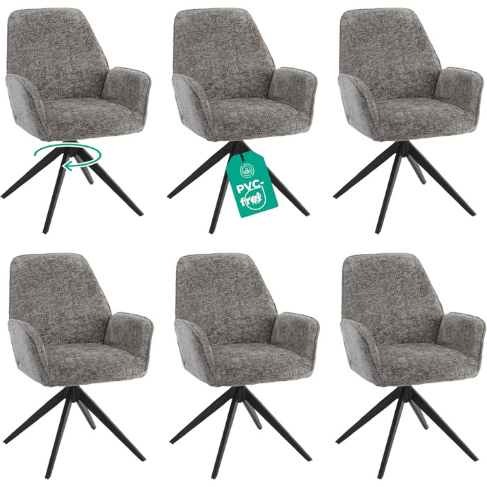 Обідні стільці (набір 6) – поворотні на 360°, м'який велюровий матеріал, функція гойдання, сучасний дизайн, проста збірка, без PFC, сертифікат Oeko-TEX® (темно-сірий)