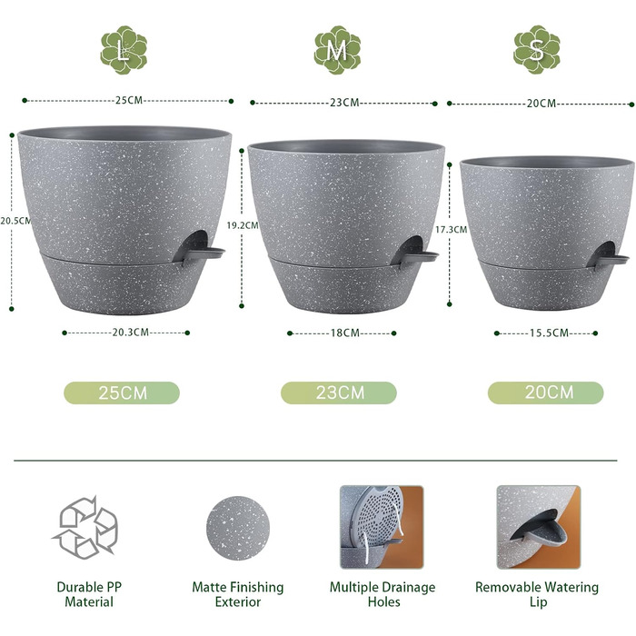Автополив'яні горщики для дому, 25/23/20 см, набір 3 шт, великі пластикові горщики з резервуаром та дренажними отворами, сірий з сірими крапками