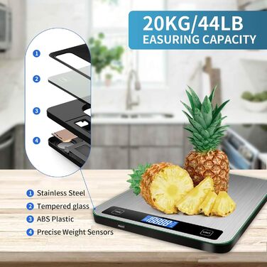 Кухонні ваги електронні 20 кг з LCD дисплеєм та великою платформою для зважування