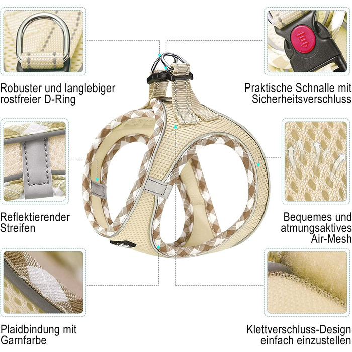 Набір Шлейки і повідця haapaw, регульована світловідбиваюча шлейка для цуценят з товстим м'яким жилетом для дуже маленьких / маленьких собак середнього розміру бежевого кольору XL (груди 50,8-59,6 см, Вага 8,2-12,7 кг), без натягу, регульована світловідби