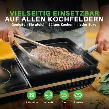 NutriChef Grillplatte 56см – чавунна гриль-пательня з антипригарним покриттям та жолобком для жиру, стійка до високих температур, для газового гриля та плити, BBQ та приготування їжі в приміщенні (28 см квадратна)