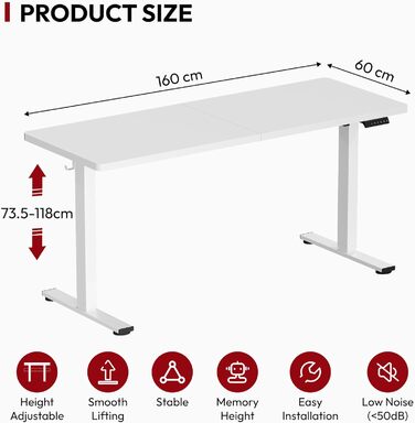 Стол для роботи Sanodesk 160x60 см, регульована висота, електричний, ергономічний, з пам'яттю, білий