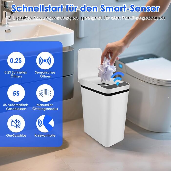 Набір з 2 відер для сміття з сенсором, 12л, автоматичний відкривання кришки, 3 режими роботи, тихе, водонепроникне, інтелектуальне відро для сміття, для кухні, офісу, вітальні, ванної кімнати (Чорний+Білий)