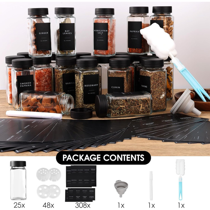 Набір кутових банок для спецій [25x 120 мл] з чорними кришками, дозатор для спецій з вставкою для сипучих продуктів та 308 етикетками, високоякісні контейнери для спецій, органайзер для спецій