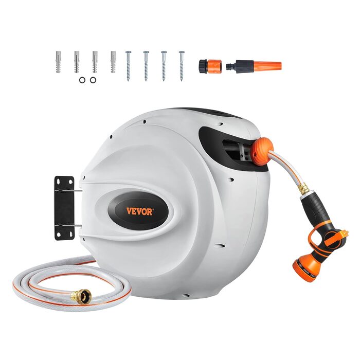 Збірний барабан для шланга VEVOR 12 мм x 40 м з кріпленням на стіну, автоматичний зворотний відбій, поворотна кріплення 180° та насадка з 9 шаблонами