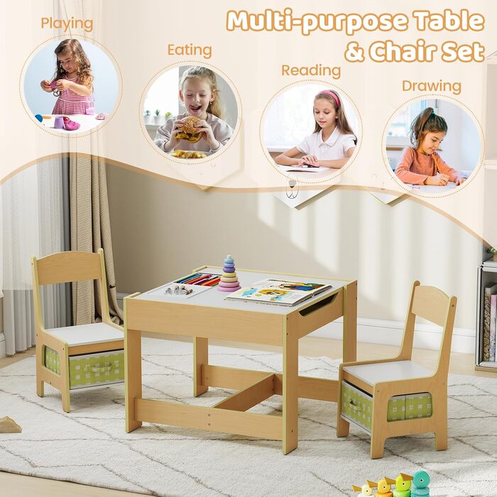 Дитячий меблевий набір GOPLUS 3 в 1: стіл та 2 стільці для дітей, дерев'яний, з місцем для зберігання, ідеально для дому, зелений