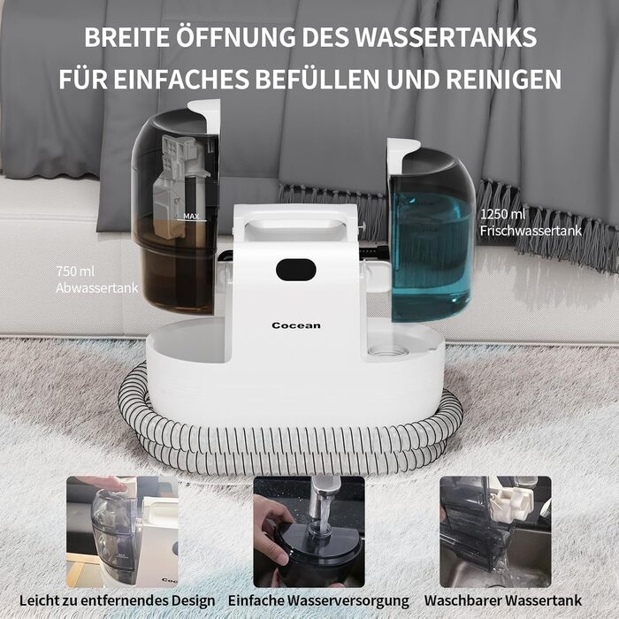 COCEAN Потужний пилосос для миття килимів та м'яких меблів, 18Kpa, для дому та автомобіля, білий