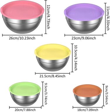 Набір місок для перемішування, 5 шт. з нержавіючої сталі, салатник з кришкою для кухні, приготування їжі, випічки, з 6 мірних ложок та вінчиком