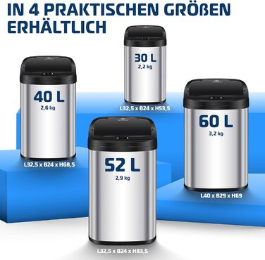 Відро для сміття KESSER 30 л, автоматичне та м'яке закривання, сенсорне та рідкокристалічне покриття, нержавіюча сталь, включаючи тримач мішка для сміття