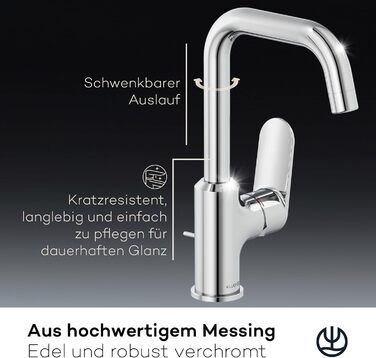 Змішувач для умивальника KLUDI-X1 з витяжною системою, поворотний на 360°, висота виливу 205 мм, водозберігаючий, розмір L, з підключенням, хром, з комплектом для зливу, хром