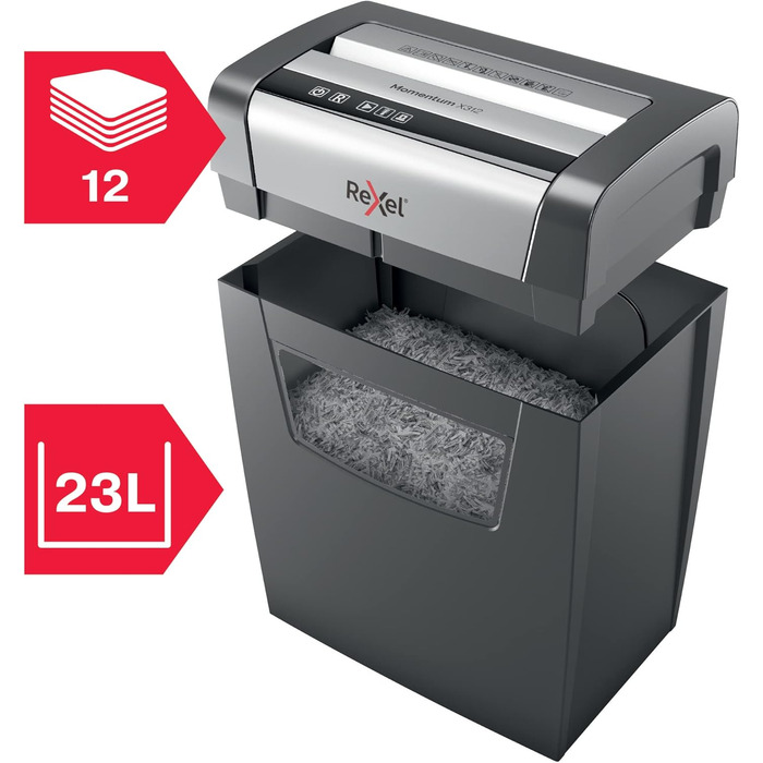 Шредер Rexel Momentum X308: безпечний знищення документів (P3, Partikelschnitt), 12 аркушів, 15л, чорний