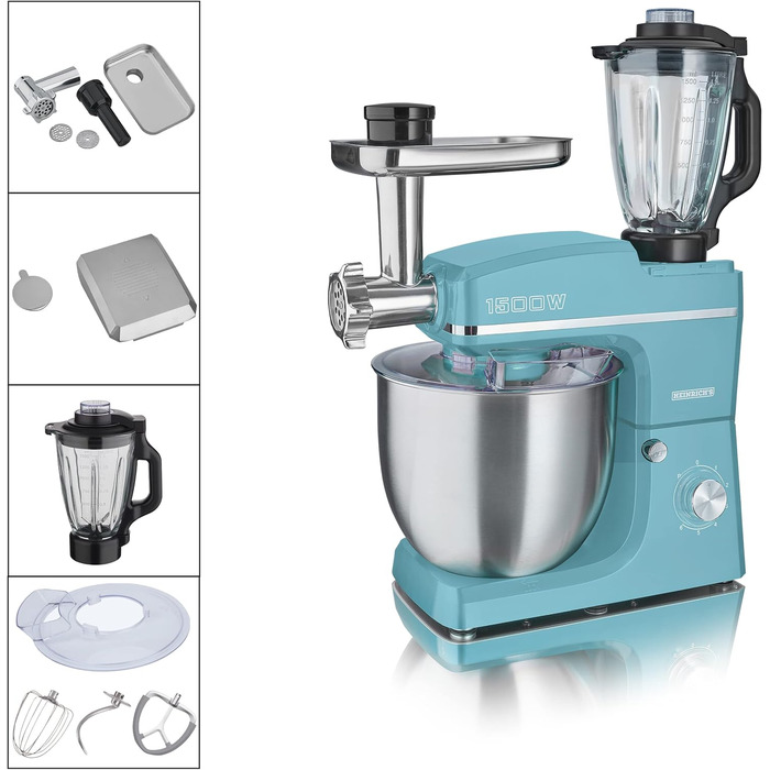 Кухонний комбайн HEINRICHS 3-в-1: міксер, м'ясорубка, кухонний прилад 1500W, 6 швидкостей, 1.5л чаша, 10л нержавіюча сталь (ТуркІз)