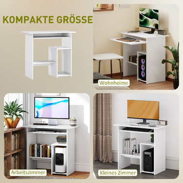 HOMCOM Стол, 80 x 45 см, комп’ютерний стіл, офісний стіл з підставкою для клавіатури, відкритими полицями та місцями для зберігання, ДСП, для домашнього офісу, спальні, білий | Aosom